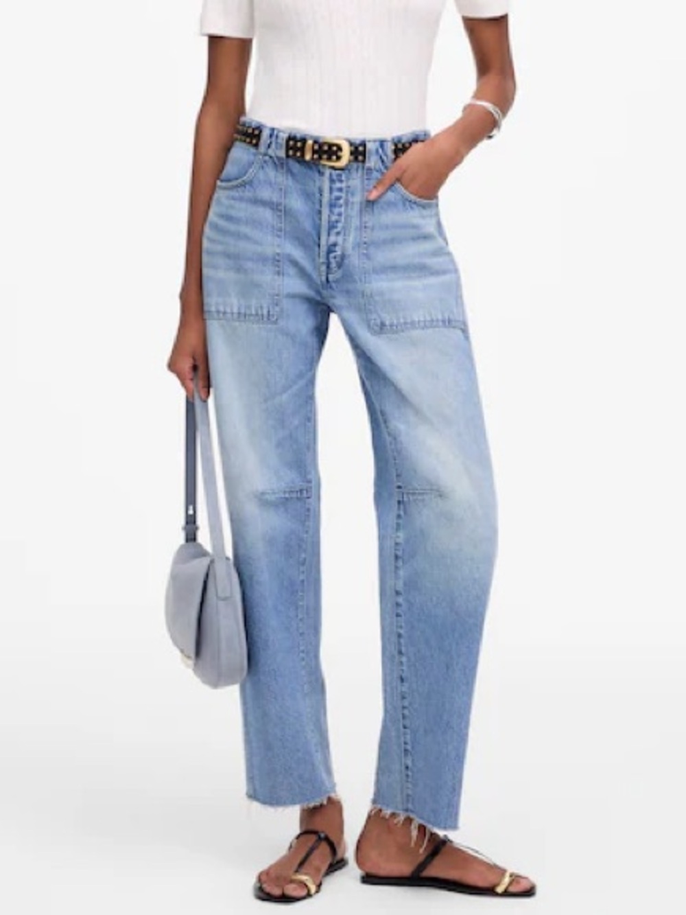 Madewell the Darted Barrel Leg Jeans 31 Riverbend Medium Wash Rigid Raw Hems - Picture 1 of 15